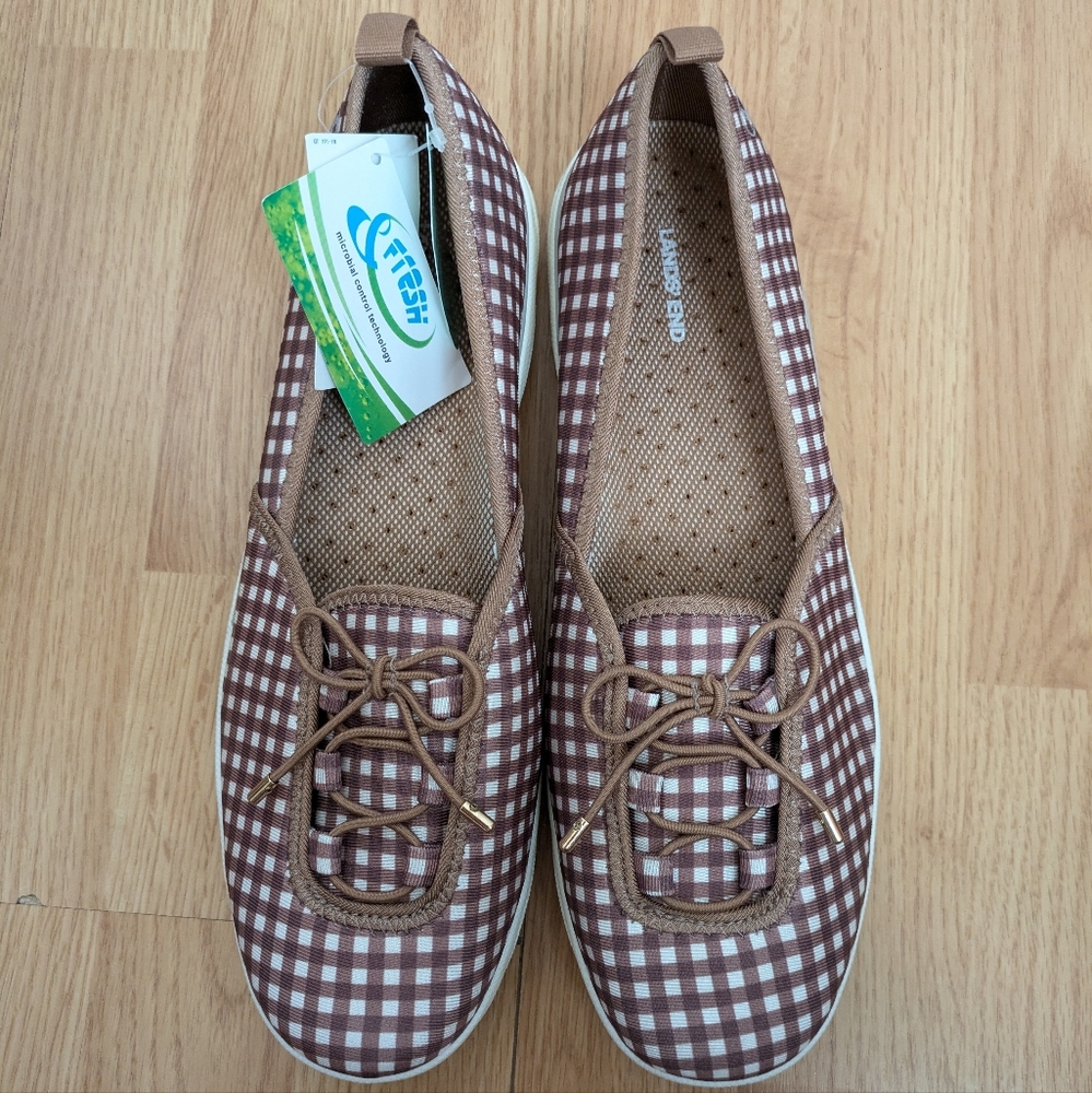🆕 Land's End Women's Checkered Tan Brown White Flats Shoes Size 10 - Picture 2 of 16
